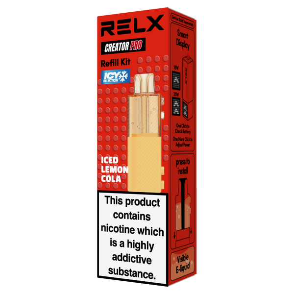 Red packaging box for the RELX Creator Pro Refill Kit, featuring the Iced Lemon Cola flavor pod.
