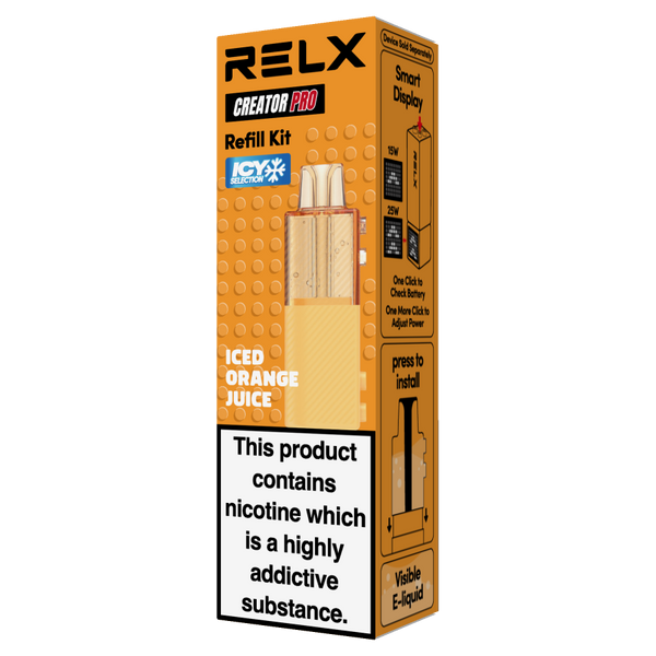 RELX Creator Pod replacement cartridge in Iced Orange Juice (18mg/ml nicotine). Single pre-filled pod featuring the 2+8ml high-capacity design for an icy, crisp, and long-lasting cooling sensation.
