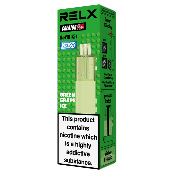 Green packaging box for the RELX Creator Pro Refill Kit, featuring the Green Grape Ice vape pod.
