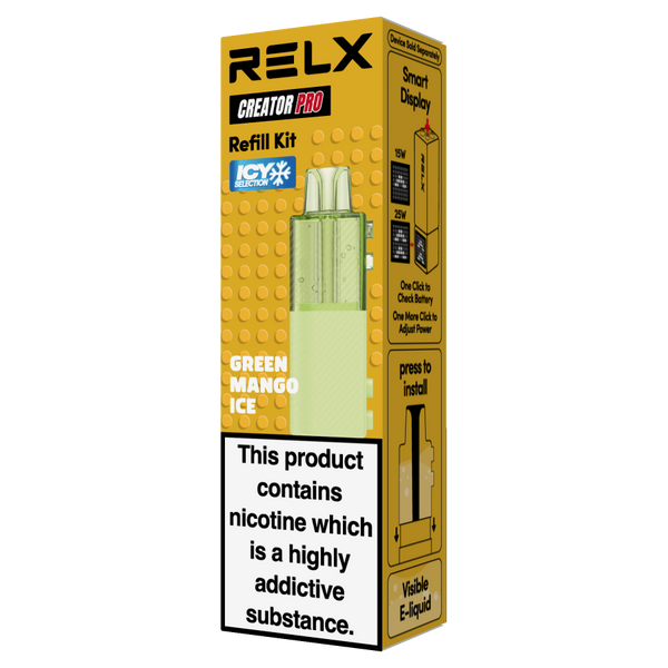 ellow packaging box for the RELX Creator Pro Refill Kit, featuring the Green Mango Ice vape pod.
