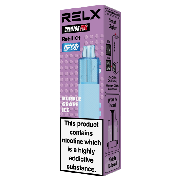 Purple packaging box for the RELX Creator Pro Refill Kit, displaying the Purple Grape Ice vape pod.
