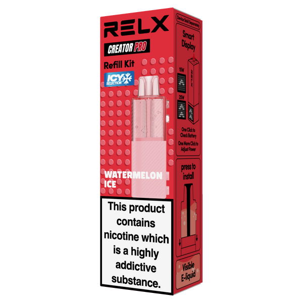 Red packaging box for the RELX Creator Pro Refill Kit, featuring the Watermelon Ice vape pod.
