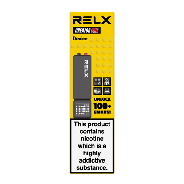 RELX Creator Pro vape device in black. An advanced pod system battery unit featuring a smart display, one-button power control, and adjustable airflow, designed perfectly for RELX Creator Pods.
