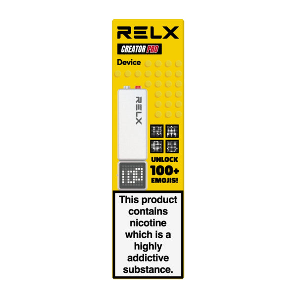 RELX Creator Pro vape device in white. An advanced pod system battery unit featuring a smart display, one-button power control, and adjustable airflow, designed perfectly for RELX Creator Pods.
