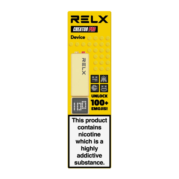 RELX Creator Pro vape device in yellow. An advanced pod system battery unit featuring a smart display, one-button power control, and adjustable airflow, designed perfectly for RELX Creator Pods.
