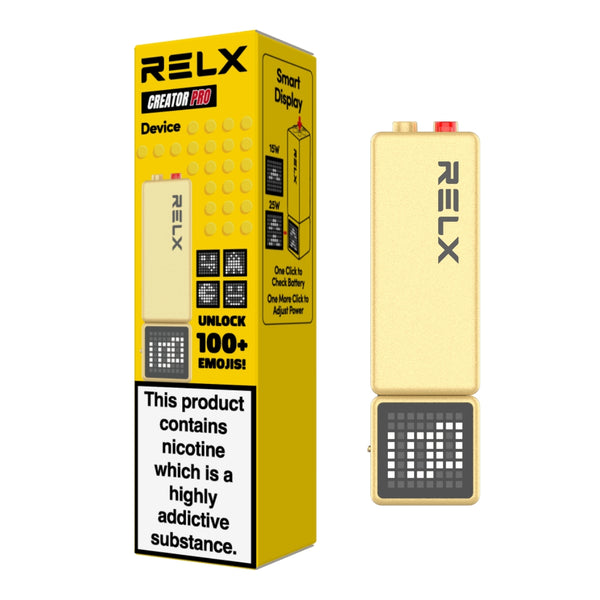 RELX Creator Pro vape device in yellow. An advanced pod system battery unit featuring a smart display, one-button power control, and adjustable airflow, designed perfectly for RELX Creator Pods.

