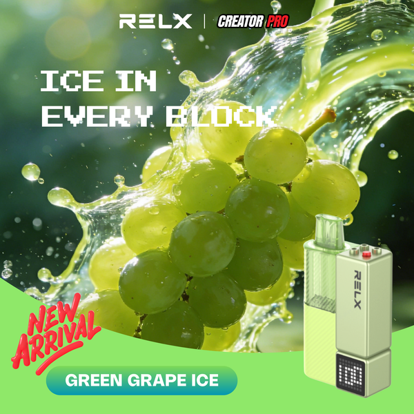 RELX Creator Pro vape device in Green Grape Ice flavor, featuring fresh green grapes and a dynamic water splash.
