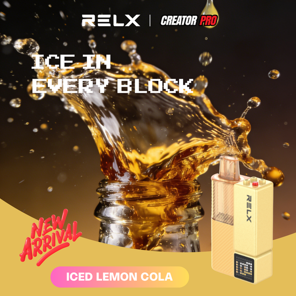 RELX Creator Pro vape device in Iced Lemon Cola flavor, featuring a dynamic ice and liquid splash effect.

