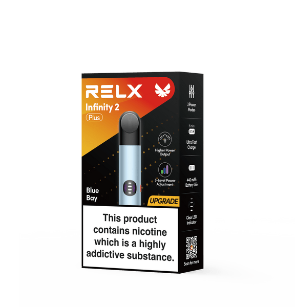 Official packaging of RELX Infinity 2 Plus Blue Bay showing 3-level power adjustment and fast charging icons
