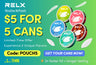 RELX Nicotine AirPouch promotional banner featuring a $5 for 5 cans limited-time deal. Includes code POUCH5 for 5 unique flavors like Lemon Crush and Spearmint Fresh.