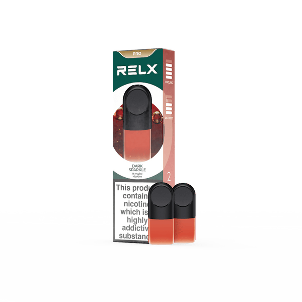 RELX Pod Pro Dark Sparkle refill vape pods packshot, prefilled pod cartridges with smooth flavor profile.

