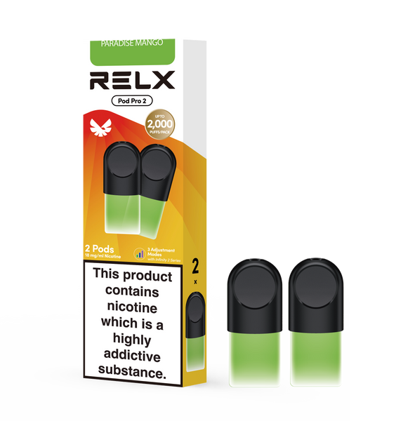 RELX Pod Pro Paradise Mango refill vape pods packshot, prefilled pod cartridges with smooth flavor profile.
