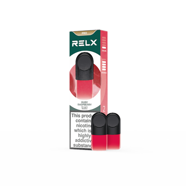 RELX Pod Pro Ruby Raspberry refill vape pods packshot, prefilled pod cartridges with smooth flavor profile.

