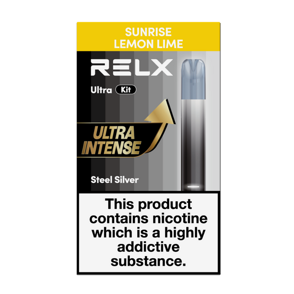 Direct front view of the RELX Ultra Kit packaging in Sunrise Lemon Lime flavor, showcasing a Steel Silver vape device.
