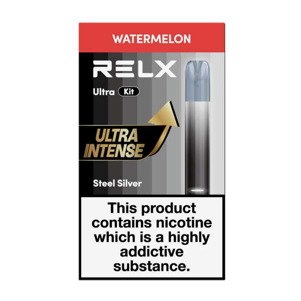 Direct front view of the RELX Ultra Kit packaging in Watermelon flavor, showcasing a Steel Silver vape device and the Ultra Intense label.
