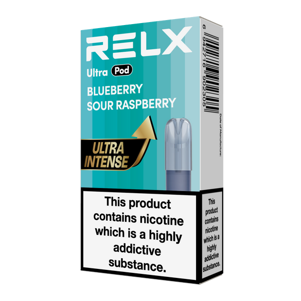 RELX Ultra Pod in Blueberry Sour Raspberry flavor, 18mg/ml single pod packaging.
