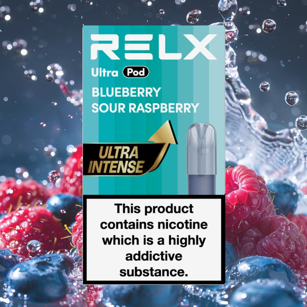 Front view of RELX Ultra Pod packaging in Blueberry Sour Raspberry flavor, surrounded by fresh blueberries, raspberries, and dynamic water splashes.
