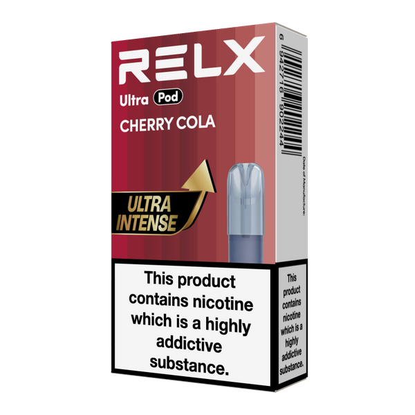 RELX Ultra Pod in Cherry Cola flavor, 18mg/ml single pod packaging.

