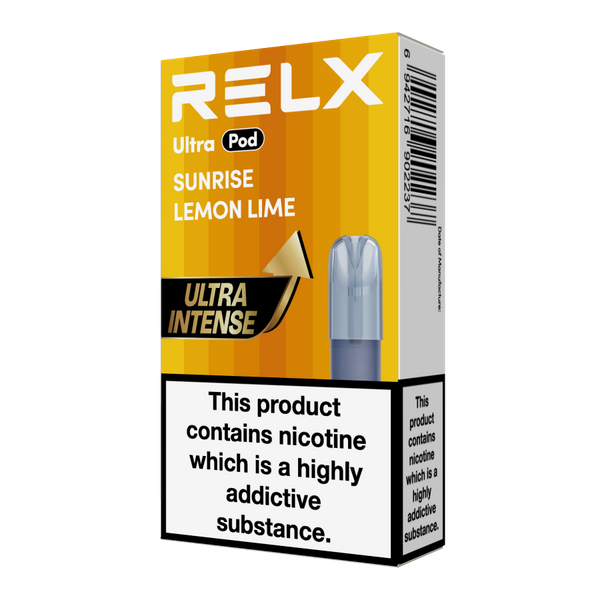 RELX Ultra Pod in Sunrise Lemon Lime flavor, 18mg/ml single pod packaging.
