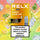 Front view of RELX Ultra Pod packaging in Sunrise Lemon Lime flavor, set against a vibrant background of flying lemons, limes, splashing juice, and ice cubes.
