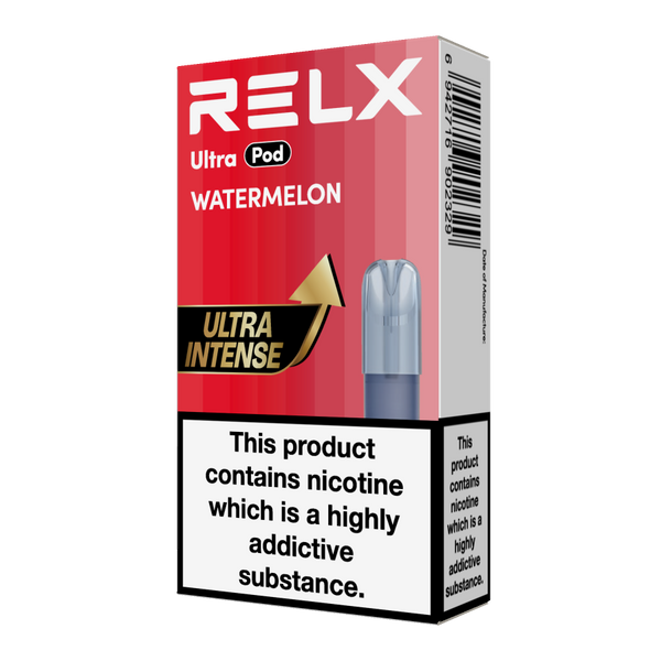 RELX Ultra Pod in Watermelon flavor, 18mg/ml single pod packaging.
