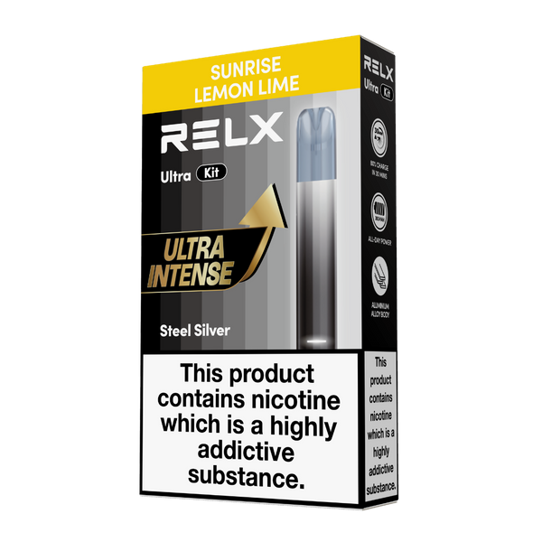 Angled view of the RELX Ultra Kit packaging in Sunrise Lemon Lime flavor, featuring a Steel Silver vape device and side panel details.
