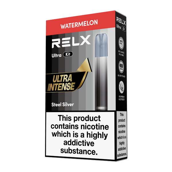 RELX Ultra Kit box packaging in Watermelon flavor, featuring a Steel Silver vape device and the Ultra Intense label.
